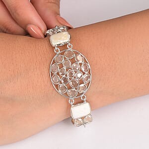 D'Joy Indian Artisan Crafted Polki Moissanite 8.10 ctw and Freshwater Pearl Bracelet in Rhodium Over Sterling Silver (7.25 In)