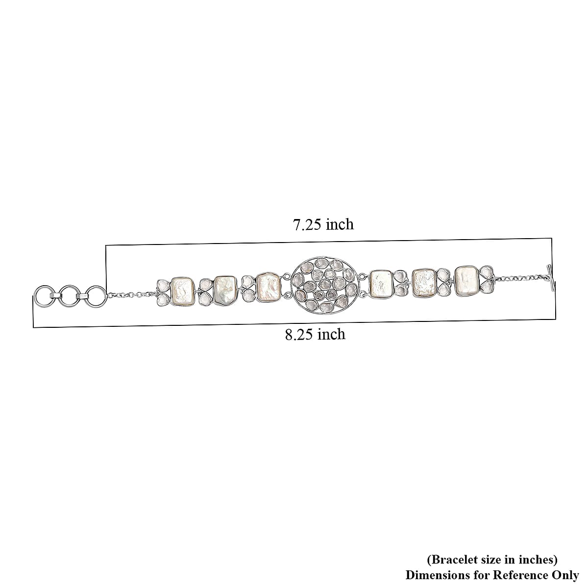 D'Joy Indian Artisan Crafted Polki Moissanite 8.10 ctw and Freshwater Pearl Bracelet in Rhodium Over Sterling Silver (7.25 In) image number 4