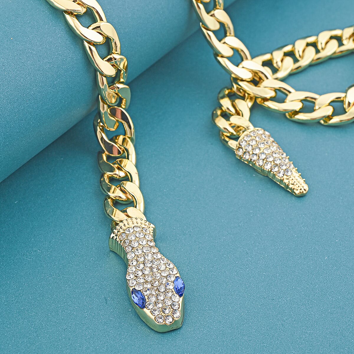 Blue and White Austrian Crystal Serpent Necklace (21 Inches) in Goldtone image number 1