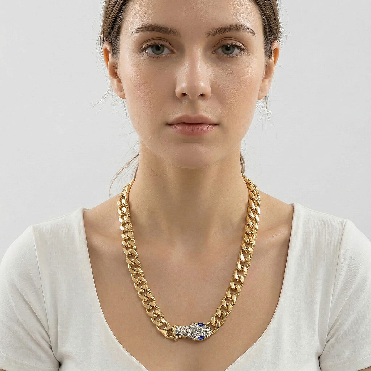 Blue and White Austrian Crystal Serpent Necklace (21 Inches) in Goldtone image number 2