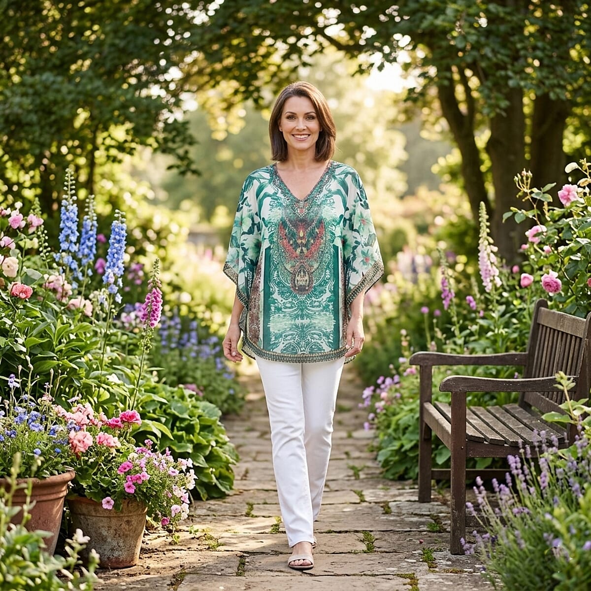 La Marey Green Chiffon Printed Kaftan - One Size Fits Most image number 1