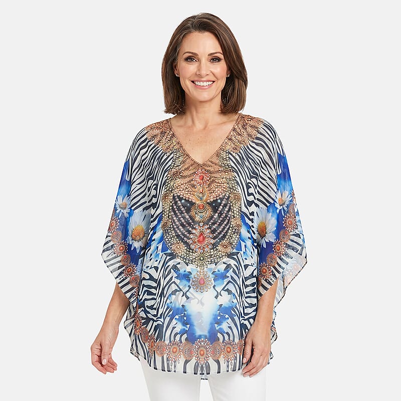 La Marey Sky Blue Chiffon Printed Kaftan - One Size Fits Most