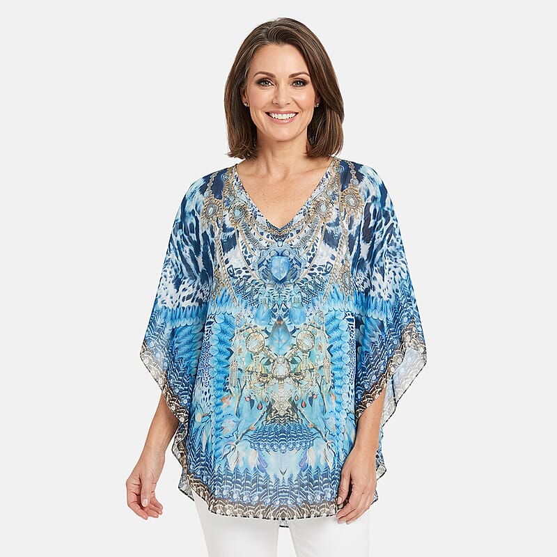 La Marey Light Blue Chiffon Printed Kaftan - One Size Fits Most