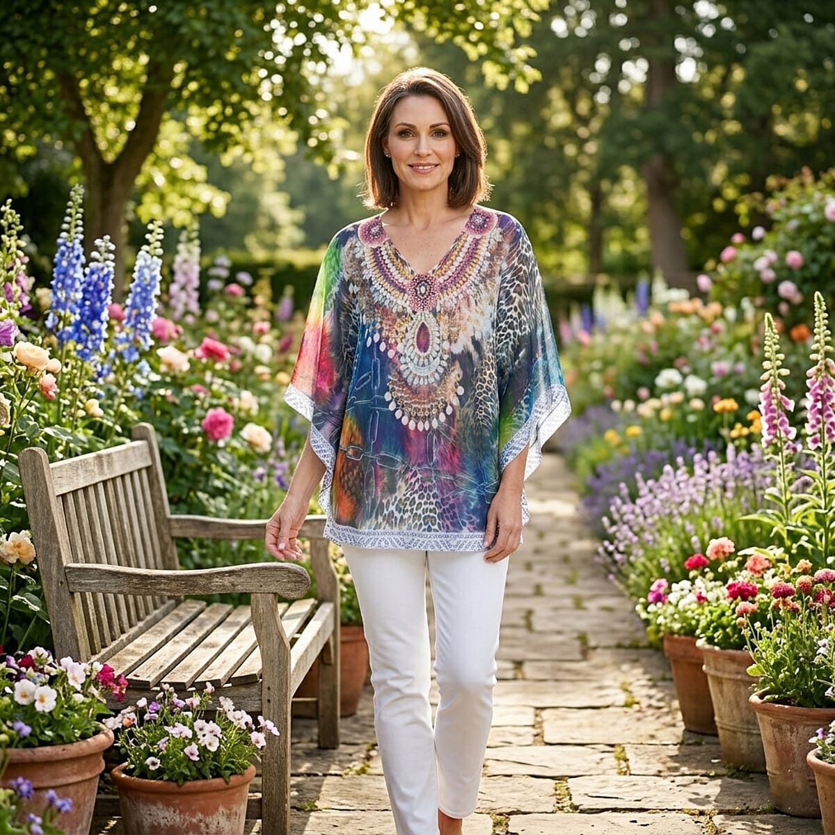 La Marey Yellow Chiffon Printed Kaftan - One Size Fits Most image number 1