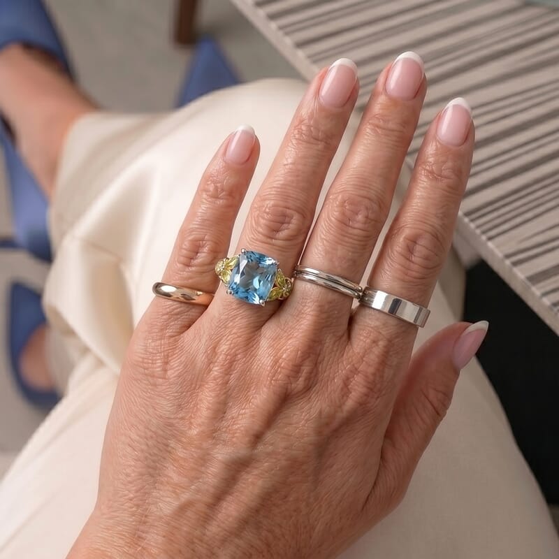 EverTrue Sky Blue Topaz and Multi Gemstone 6.25 ctw Ring in 18K YG Plated and Platinum Bond (Size 9.0)