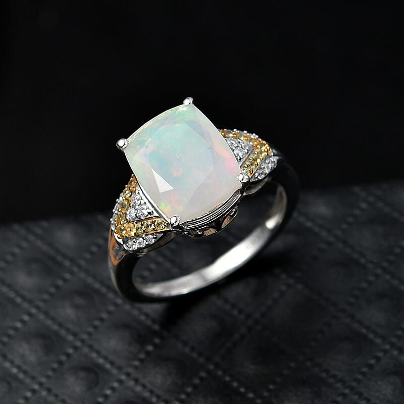 D'Joy Ethiopian Welo Opal and Multi Gemstone 2.80 ctw Royal Arch Spectrum Ring in Rhodium Over Sterling Silver (Size 10.0)