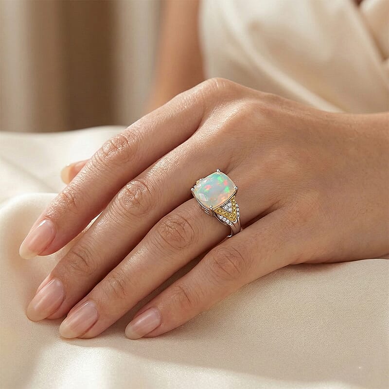 D'Joy Ethiopian Welo Opal and Multi Gemstone 2.80 ctw Royal Arch Spectrum Ring in Rhodium Over Sterling Silver (Size 10.0)