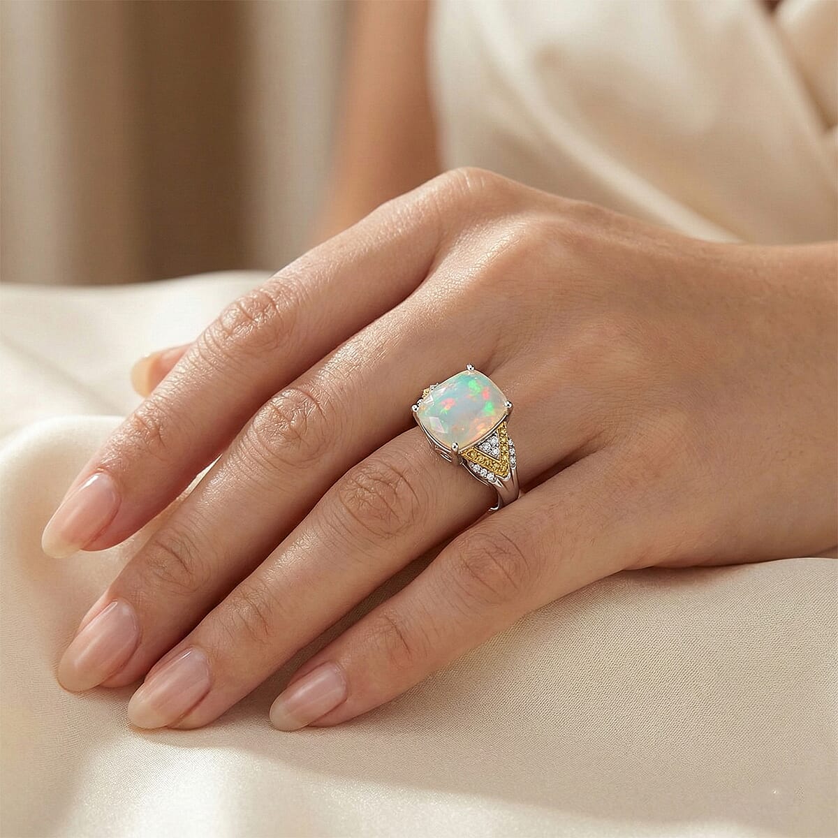 D'Joy Ethiopian Welo Opal and Multi Gemstone 2.80 ctw Royal Arch Spectrum Ring in Rhodium Over Sterling Silver (Size 9.0) image number 2