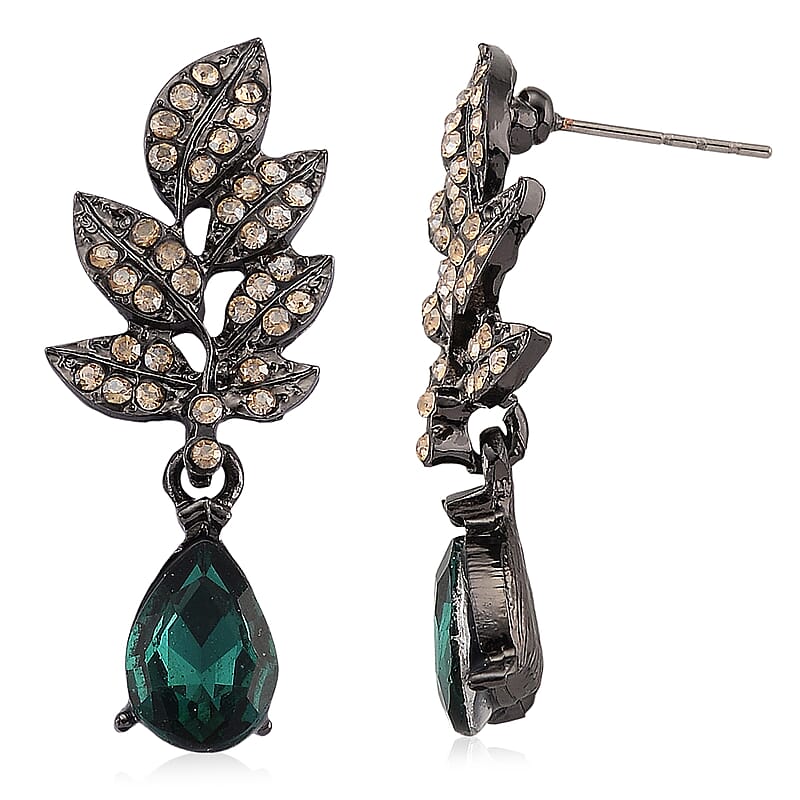 Austrian Champagne Crystal, Green Glass Leaf Earrings in Dark Silvertone