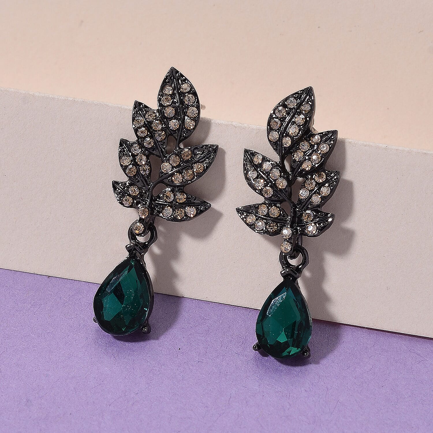 Austrian Champagne Crystal, Green Glass Leaf Earrings in Dark Silvertone