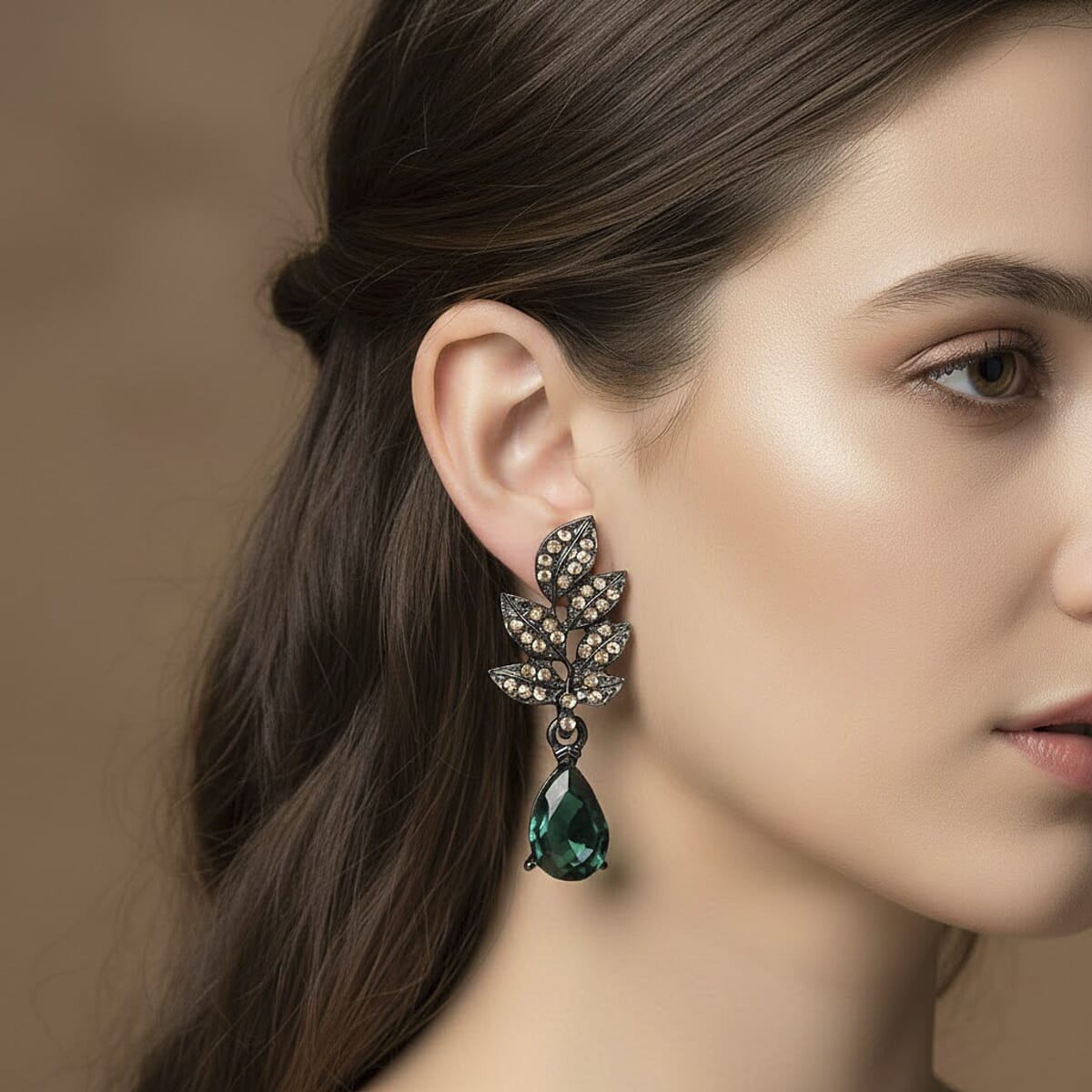  Austrian Champagne Crystal, Green Glass Leaf Earrings in Dark Silvertone image number 2