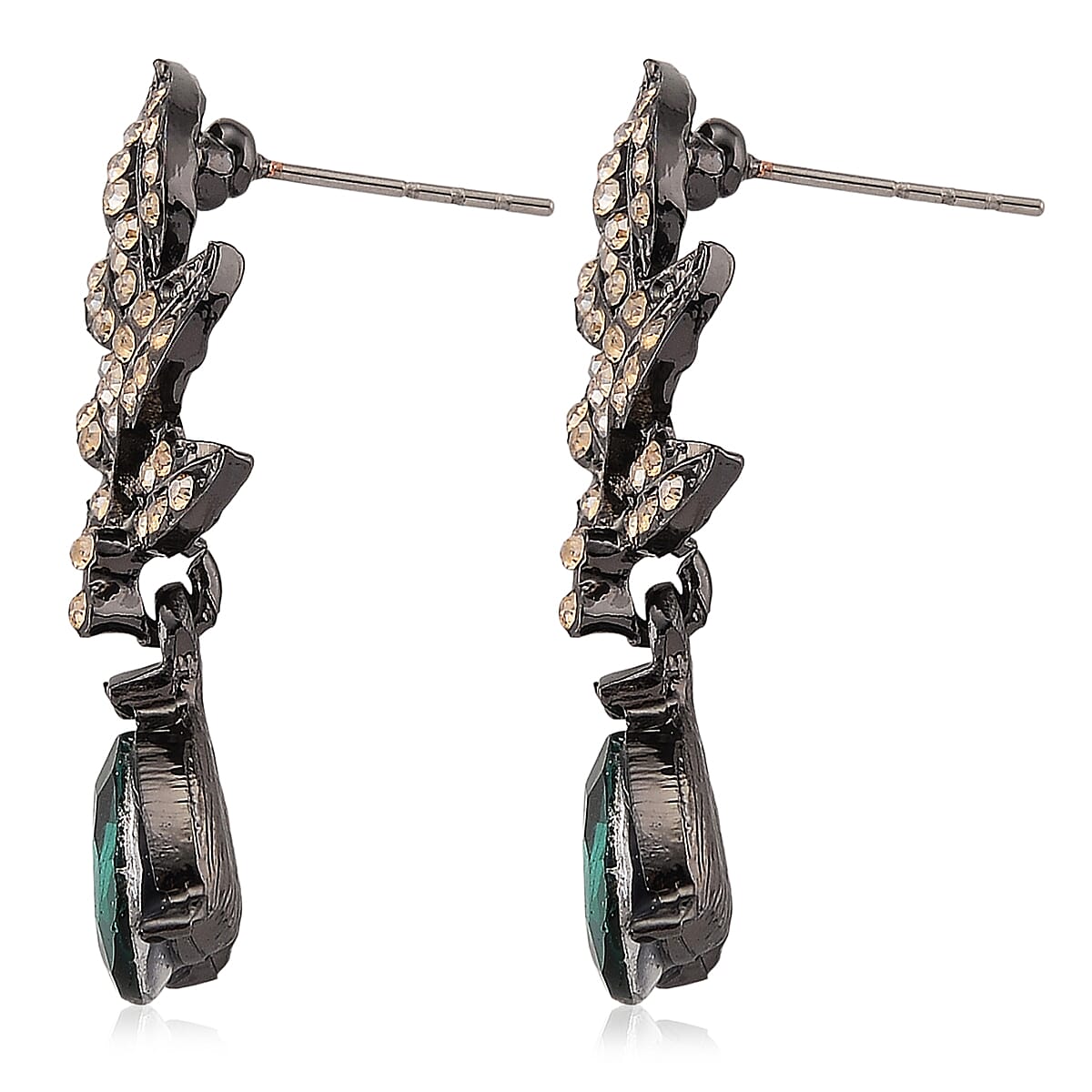 Austrian Champagne Crystal, Green Glass Leaf Earrings in Dark Silvertone