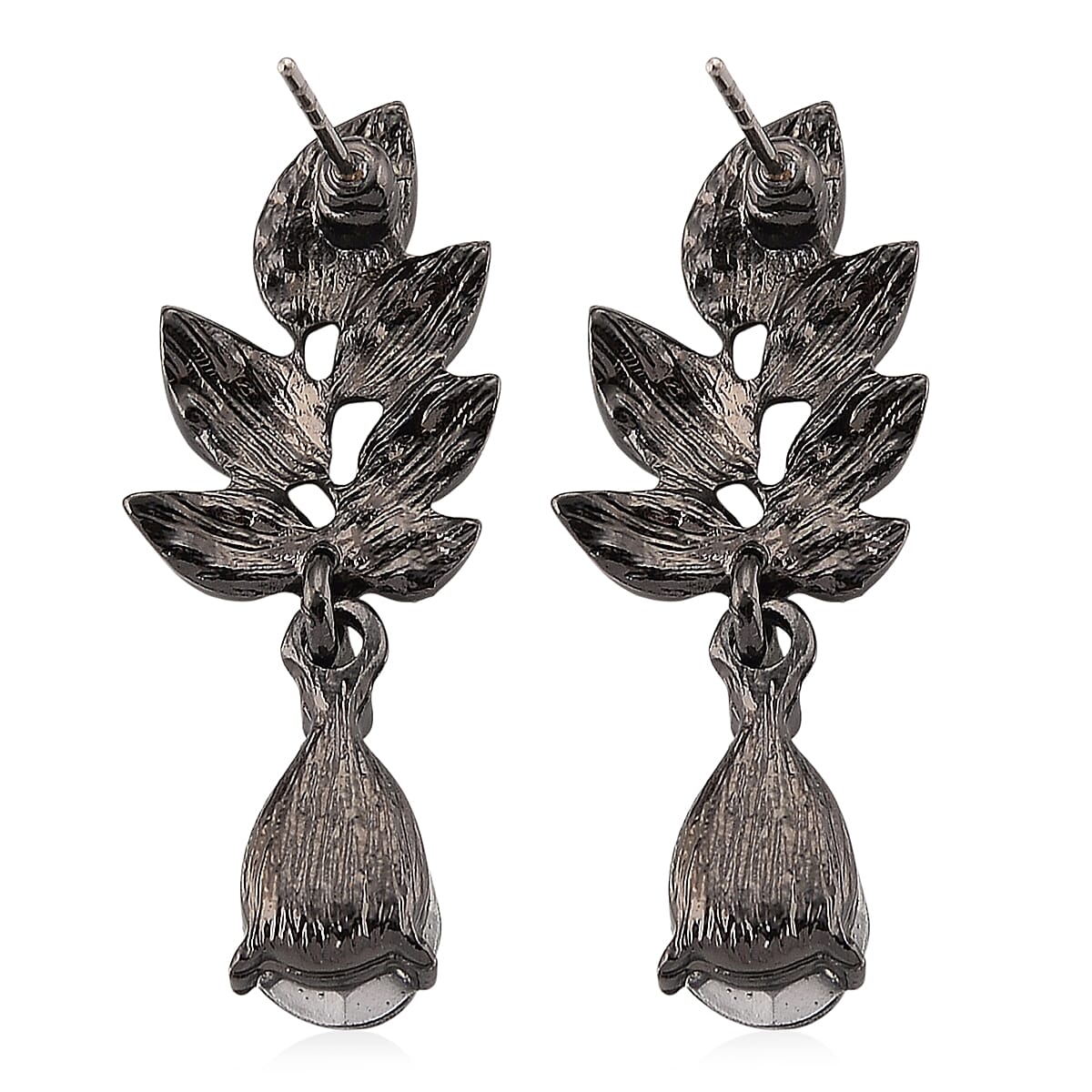 Austrian Champagne Crystal, Green Glass Leaf Earrings in Dark Silvertone