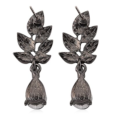 Austrian Champagne Crystal, Green Glass Leaf Earrings in Dark Silvertone