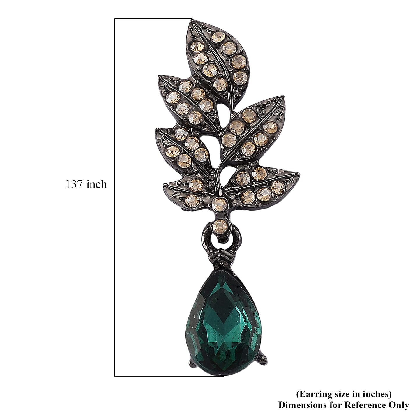 Austrian Champagne Crystal, Green Glass Leaf Earrings in Dark Silvertone