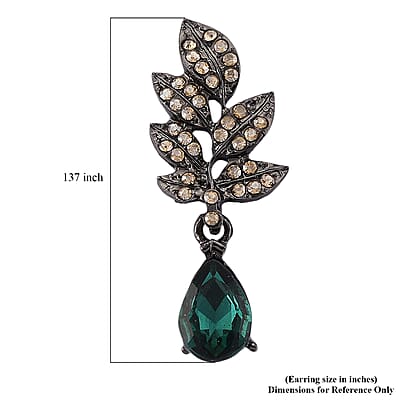 Austrian Champagne Crystal, Green Glass Leaf Earrings in Dark Silvertone