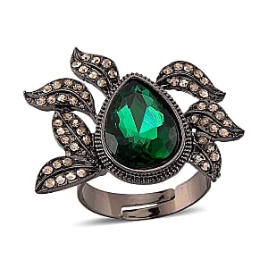  Austrian Champagne Crystal, Green Glass Leaf Ring in Dark Silvertone (Size 6-8)