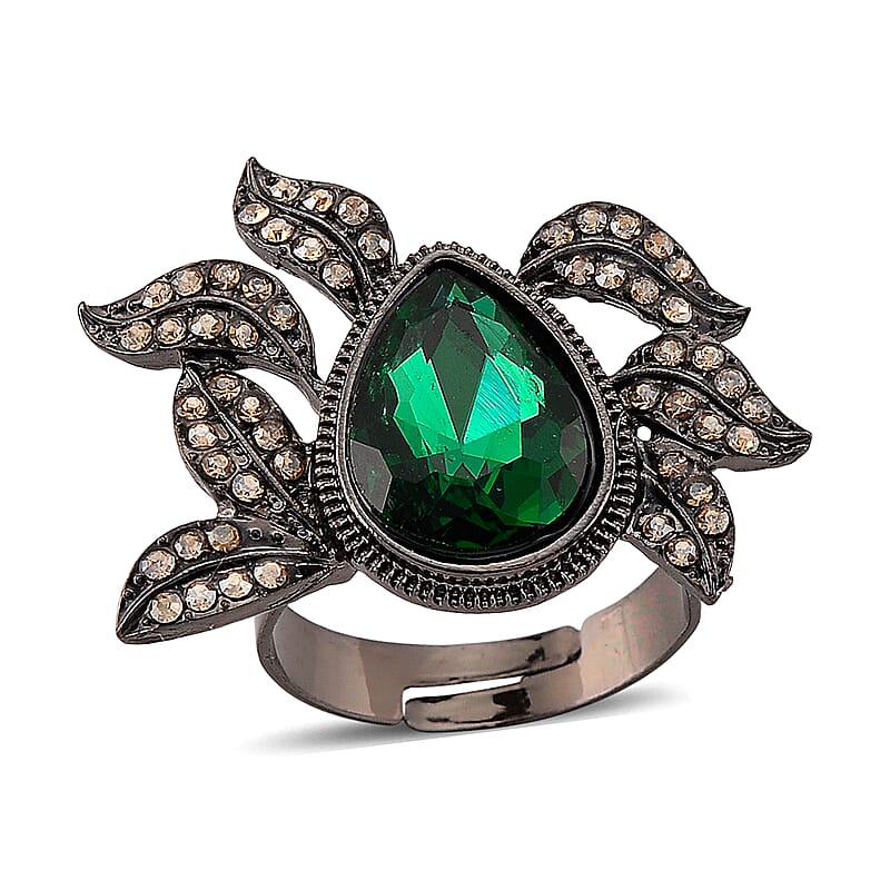 Austrian Champagne Crystal, Green Glass Leaf Ring in Dark Silvertone (Size 6-8)