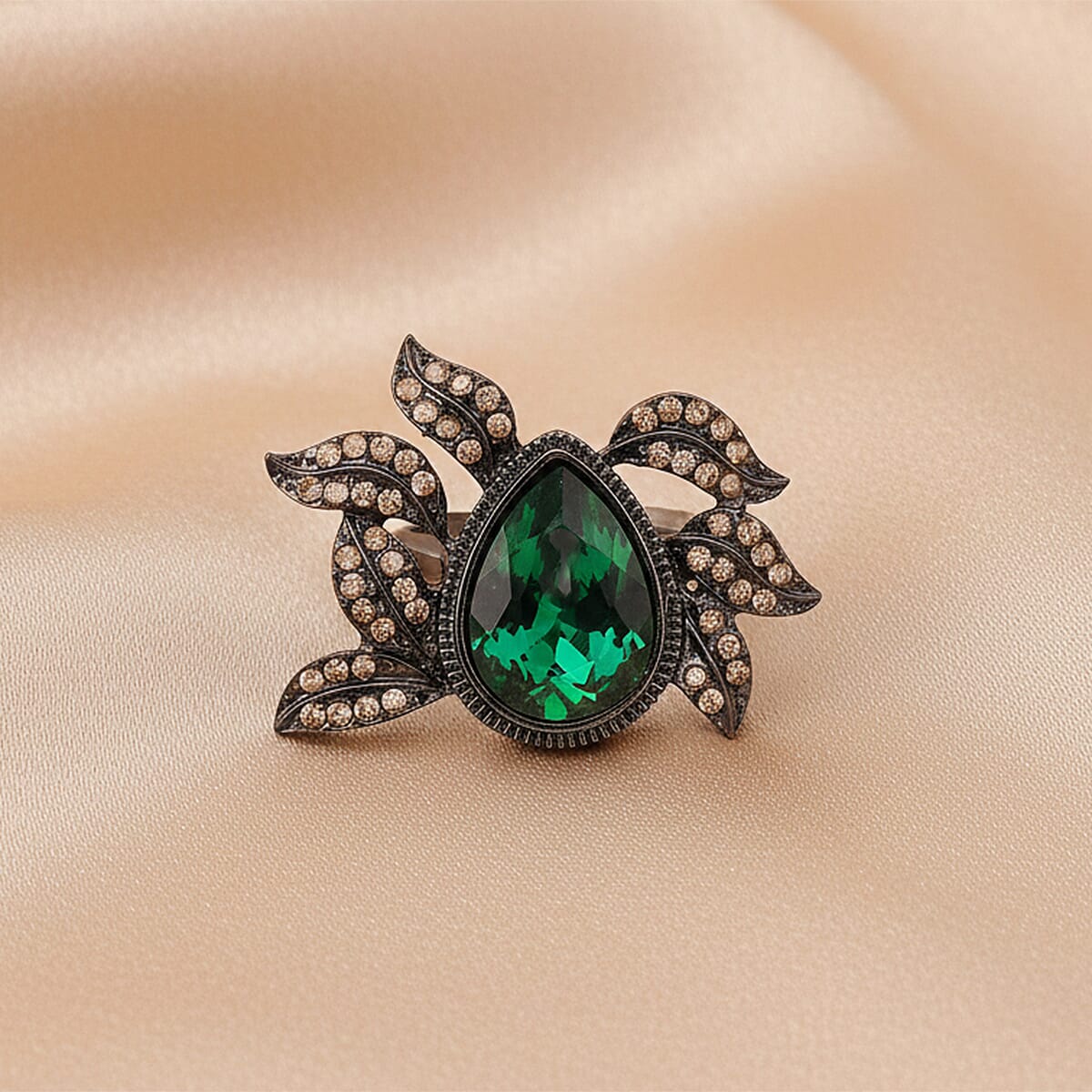  Austrian Champagne Crystal, Green Glass Leaf Ring in Dark Silvertone (Size 6-8) image number 1