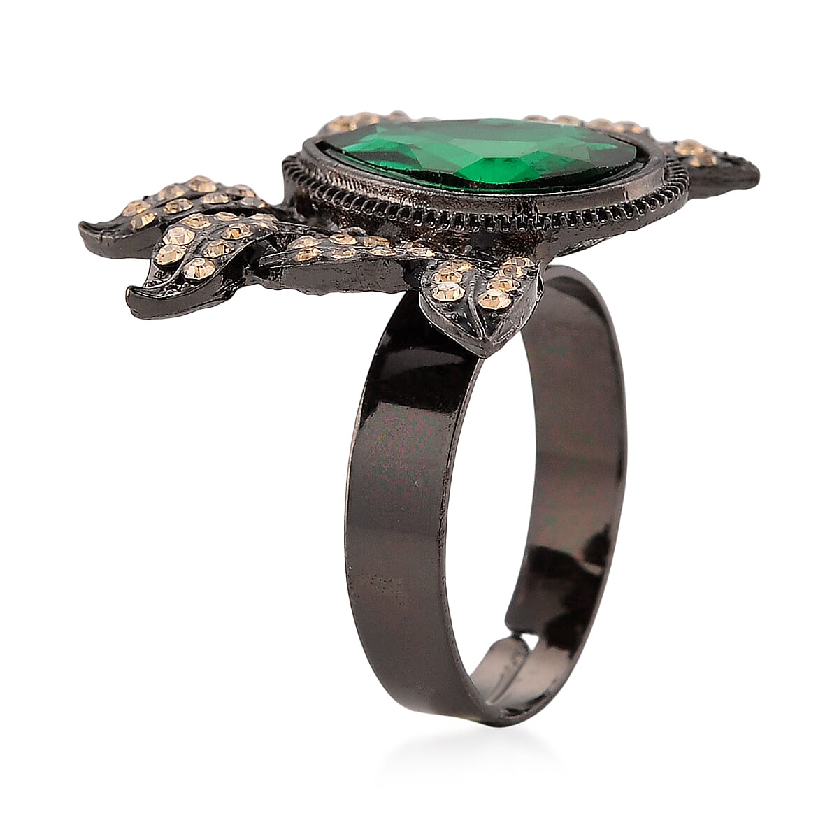  Austrian Champagne Crystal, Green Glass Leaf Ring in Dark Silvertone (Size 6-8) image number 3