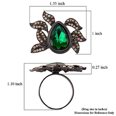 Austrian Champagne Crystal, Green Glass Leaf Ring in Dark Silvertone (Size 6-8)