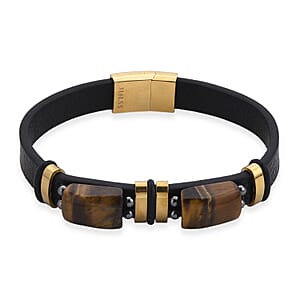 Yellow Tigers Eye 10.00 ctw Microfiber Leather Bracelet in ION Plated YG Stainless Steel (8.00 In)