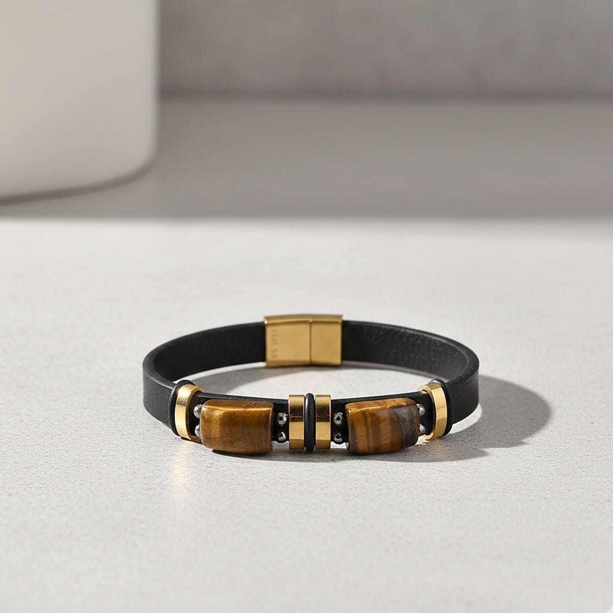 Yellow Tigers Eye 10.00 ctw Microfiber Leather Bracelet in ION Plated YG Stainless Steel (8.00 In) image number 1