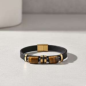 Yellow Tigers Eye 10.00 ctw Microfiber Leather Bracelet in ION Plated YG Stainless Steel (8.00 In)