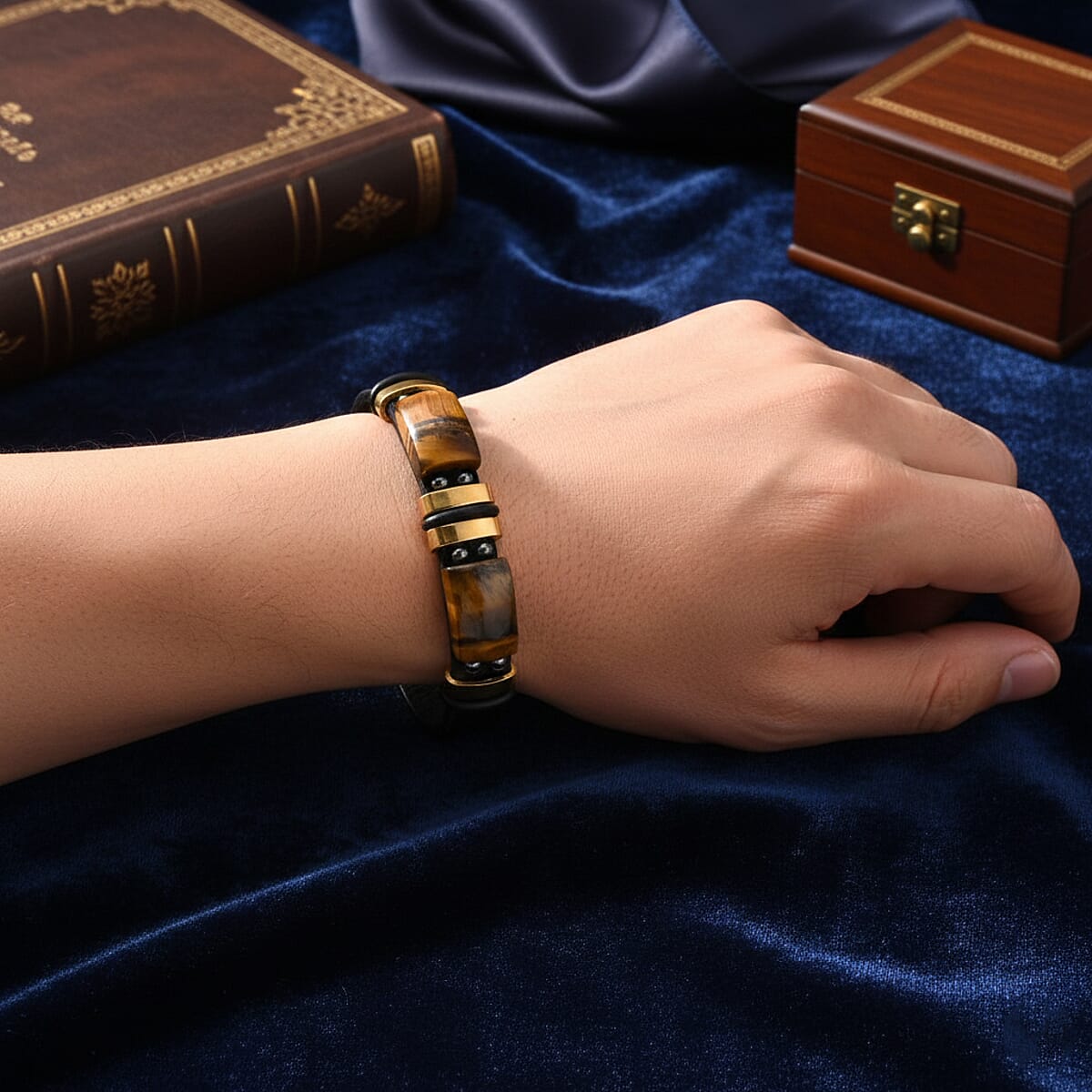 Yellow Tigers Eye 10.00 ctw Microfiber Leather Bracelet in ION Plated YG Stainless Steel (8.00 In) image number 2