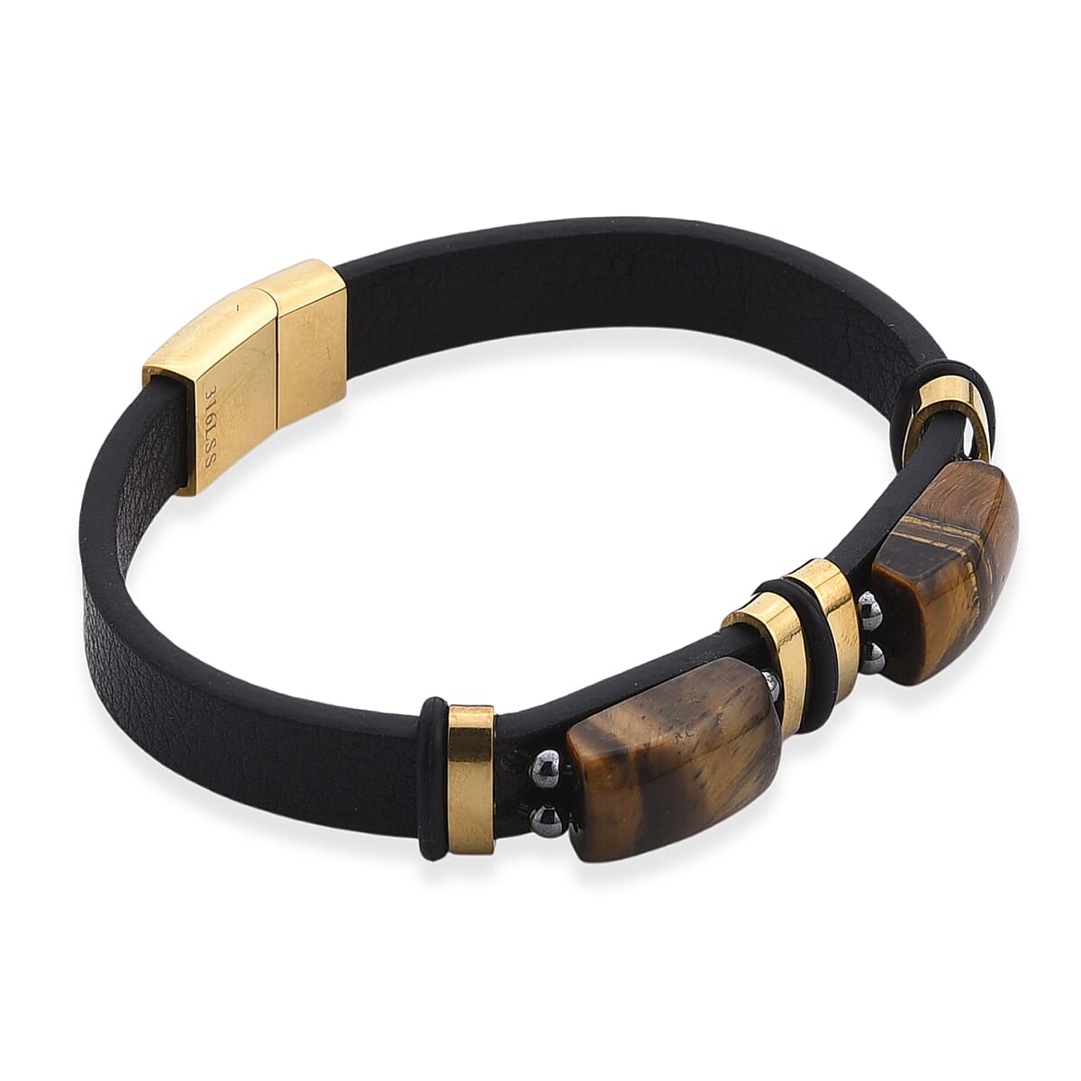 Yellow Tigers Eye 10.00 ctw Microfiber Leather Bracelet in ION Plated YG Stainless Steel (8.00 In) image number 3