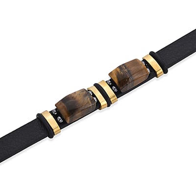 Yellow Tigers Eye 10.00 ctw Microfiber Leather Bracelet in ION Plated YG Stainless Steel (8.00 In)
