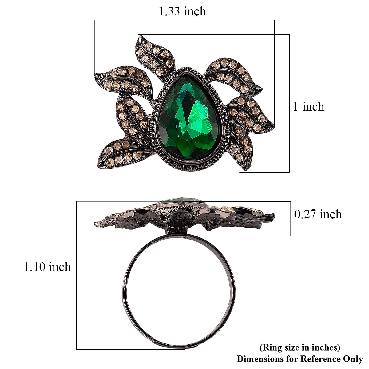 Austrian Champagne Crystal, Green Glass Leaf Ring in Dark Silvertone (Size 8-10)