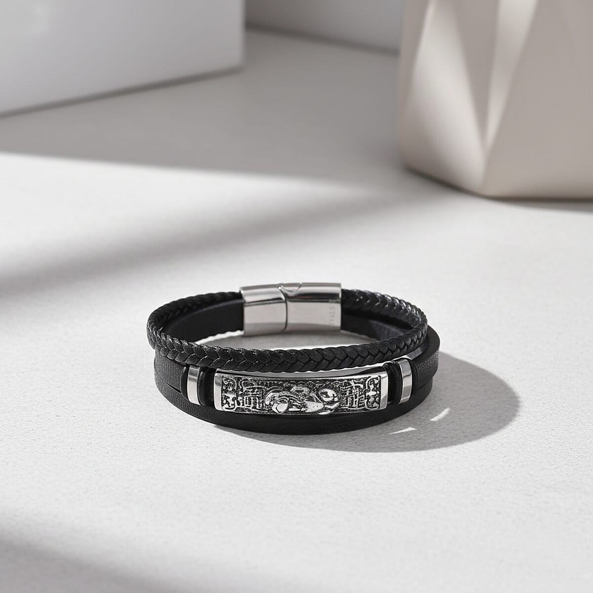 Braided Microfiber Leather Bracelet in Stainless Steel (8.00 In) image number 1