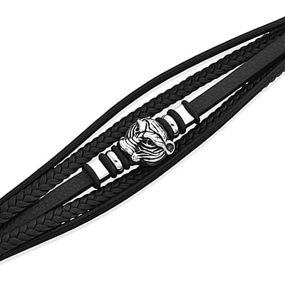 Braided Microfiber Leather Tiger Head Bracelet in Stainless Steel (8.00 In)
