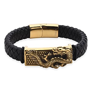 Dragon Motif Microfiber Leather Bracelet in ION Plated YG Stainless Steel (8.00 In)