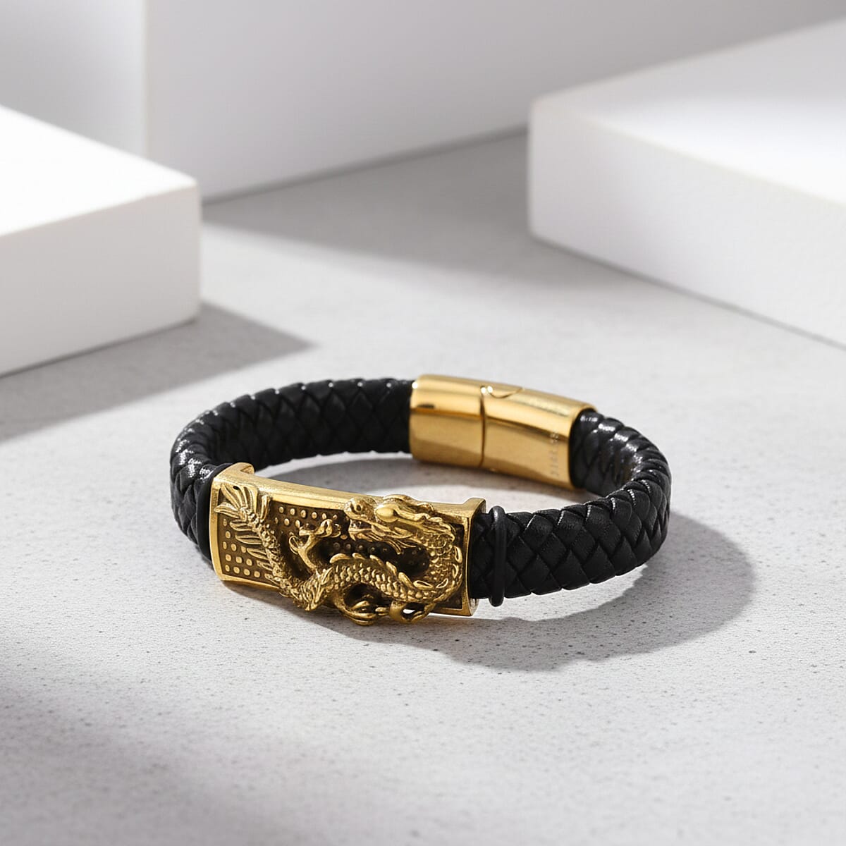 Dragon Motif Microfiber Leather Bracelet in ION Plated YG Stainless Steel (8.00 In) image number 1