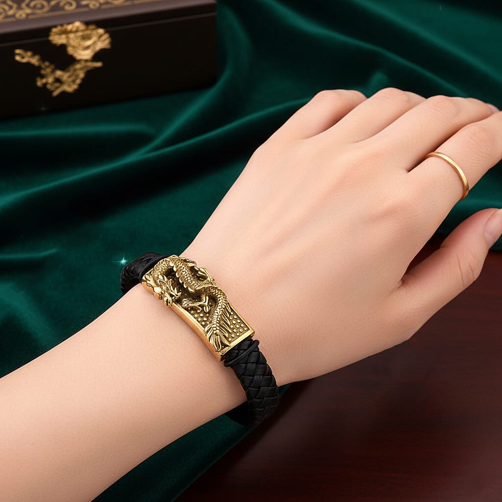 Dragon Motif Microfiber Leather Bracelet in ION Plated YG Stainless Steel (8.00 In)
