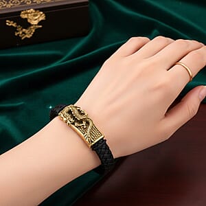 Dragon Motif Microfiber Leather Bracelet in ION Plated YG Stainless Steel (8.00 In)