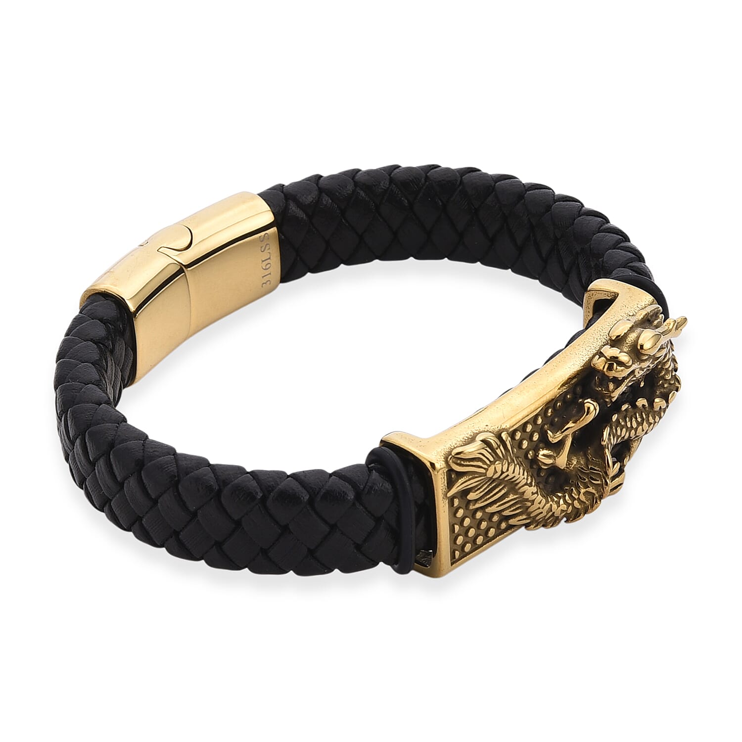 Dragon Motif Microfiber Leather Bracelet in ION Plated YG Stainless Steel (8.00 In)