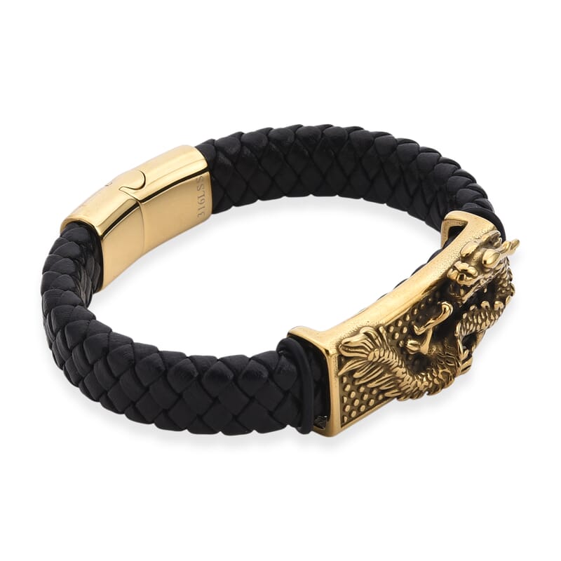Dragon Motif Microfiber Leather Bracelet in ION Plated YG Stainless Steel (8.00 In)