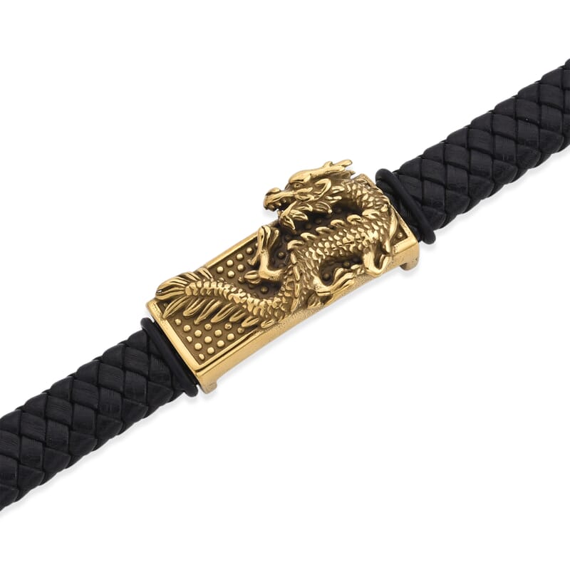 Dragon Motif Microfiber Leather Bracelet in ION Plated YG Stainless Steel (8.00 In)
