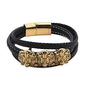 Triple Lion Head Microfiber Leather Bracelet in ION Plated YG Stainless Steel (8.00 In)