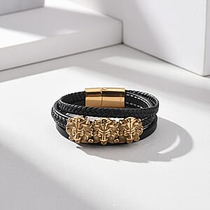 Triple Lion Head Microfiber Leather Bracelet in ION Plated YG Stainless Steel (8.00 In)