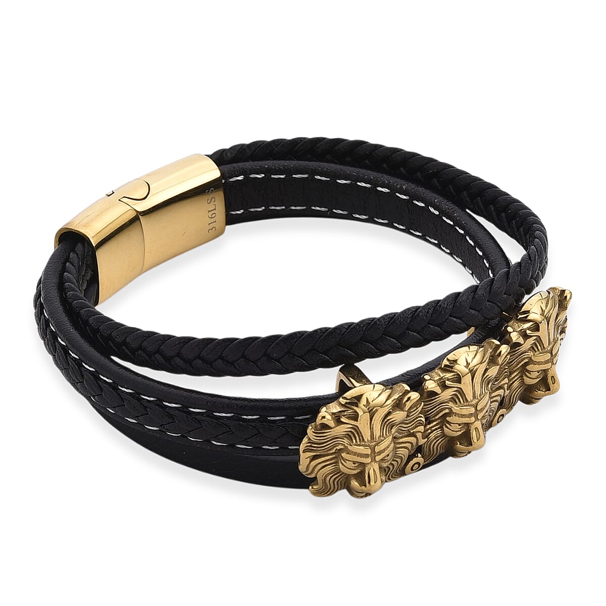 Triple Lion Head Microfiber Leather Bracelet in ION Plated YG Stainless Steel (8.00 In) image number 3