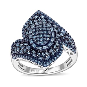 D'Joy Blue Diamond 1.00 ctw Ocean Waves Ring in Rhodium Over Sterling Silver (Size 7.0)