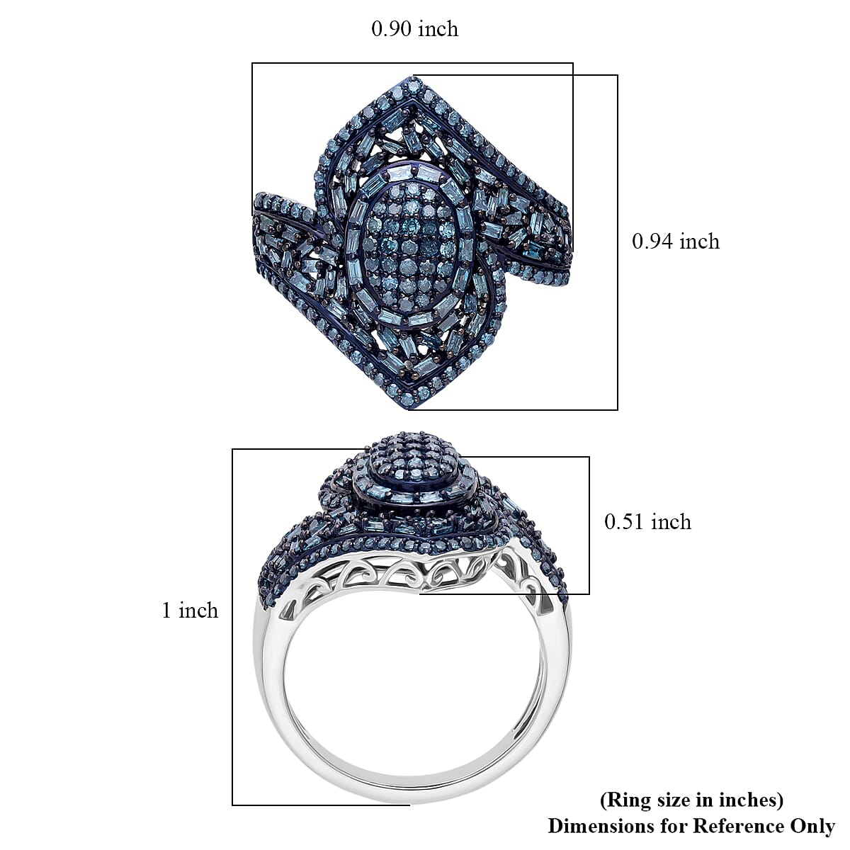 D'Joy Blue Diamond 1.00 ctw Ocean Waves Ring in Rhodium Over Sterling Silver (Size 7.0)