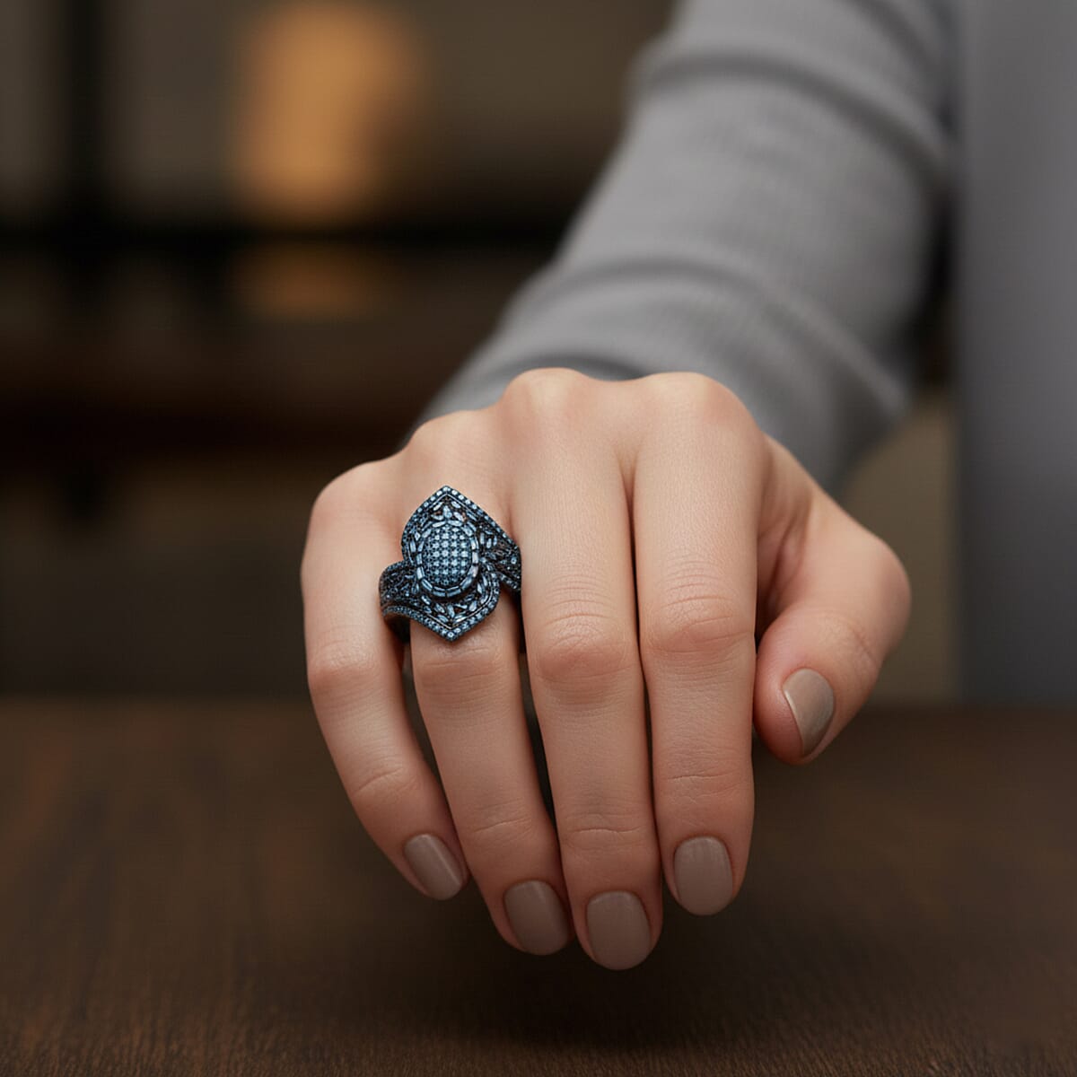  D'Joy Blue Diamond (IR) Ring in Rhodium Over Sterling Silver (Size 6.0) 1.00 ctw image number 2