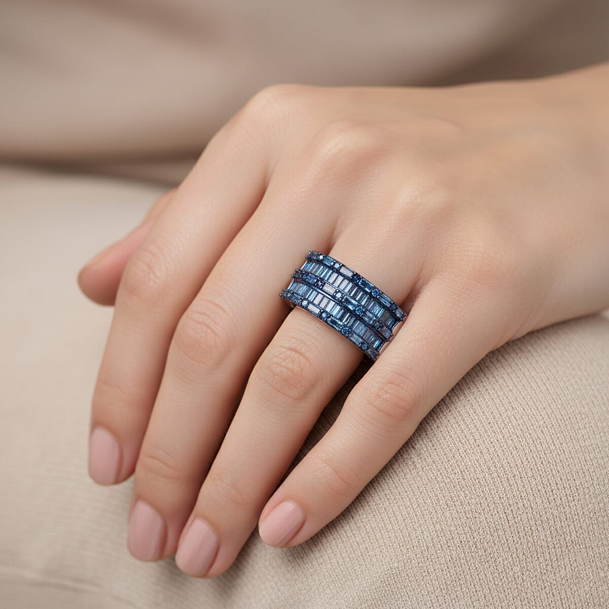 D'Joy Blue Diamond 1.00 ctw Eternal Line Ring in Rhodium Over Sterling Silver (Size 8.0) image number 2