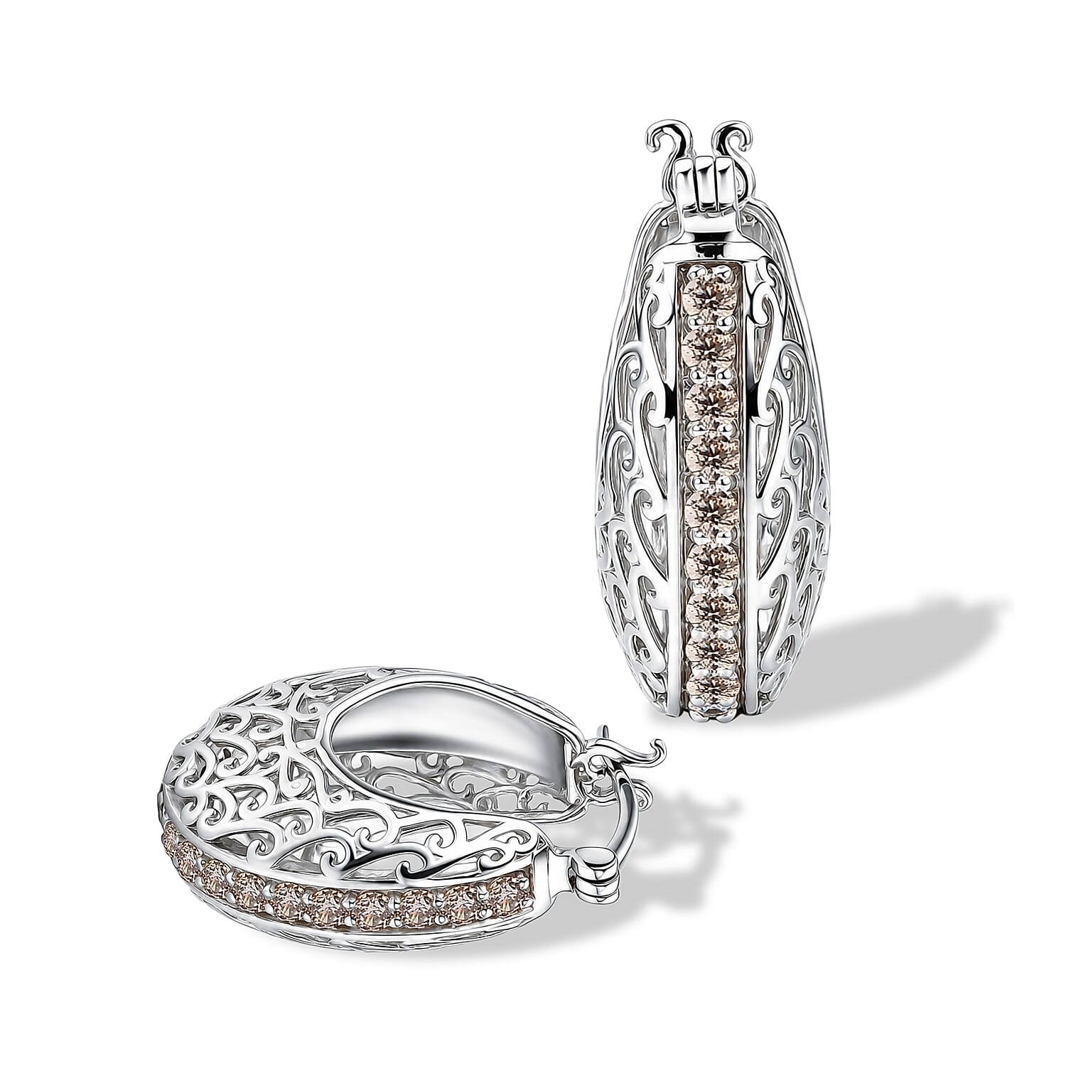 EverTrue Simulated Champagne Diamond J Hoop Earrings in 128K YG Plated and Platinum Bond 2.65 ctw