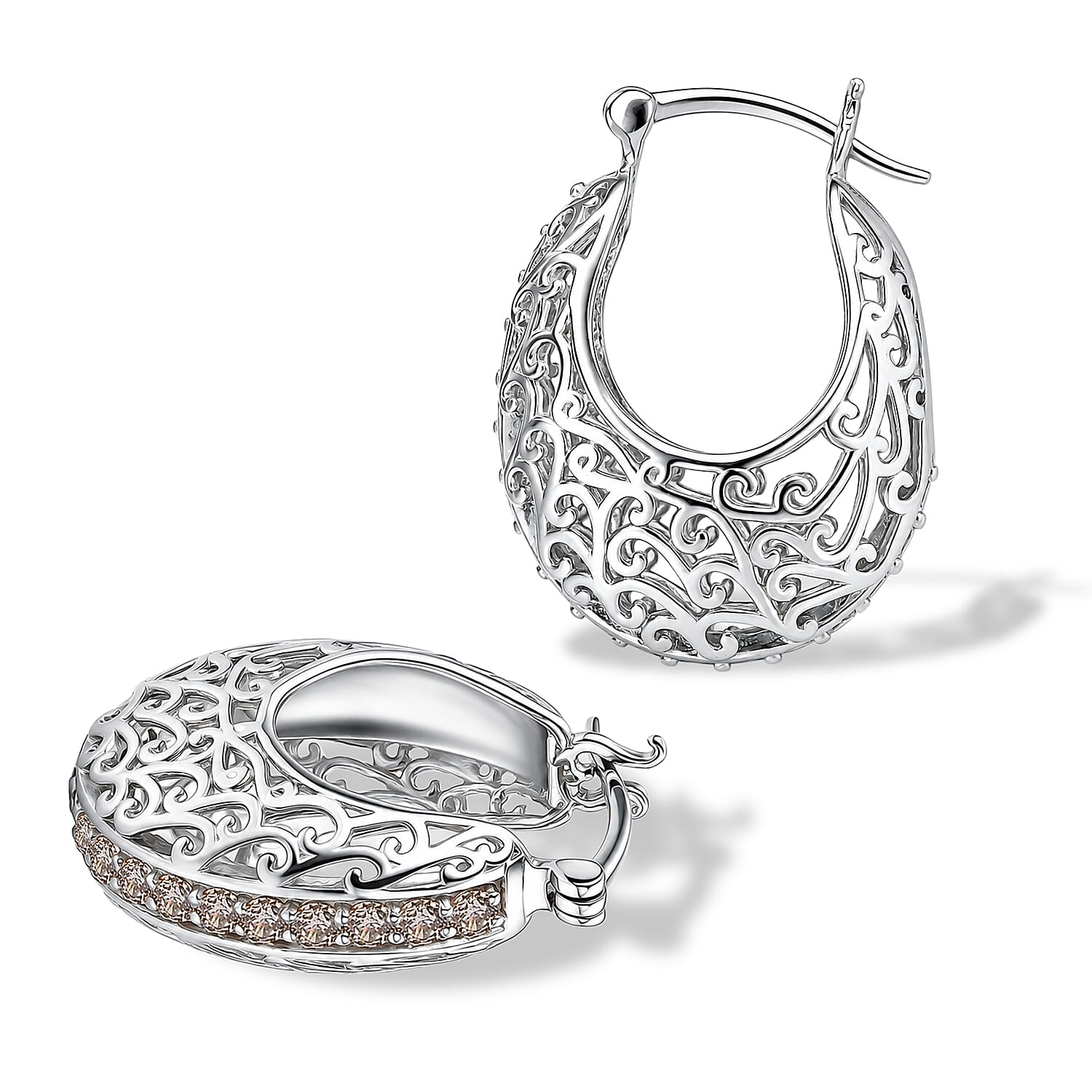EverTrue Simulated Champagne Diamond Filigree Hoop Earrings in 18K YG Plated and Platinum Bond